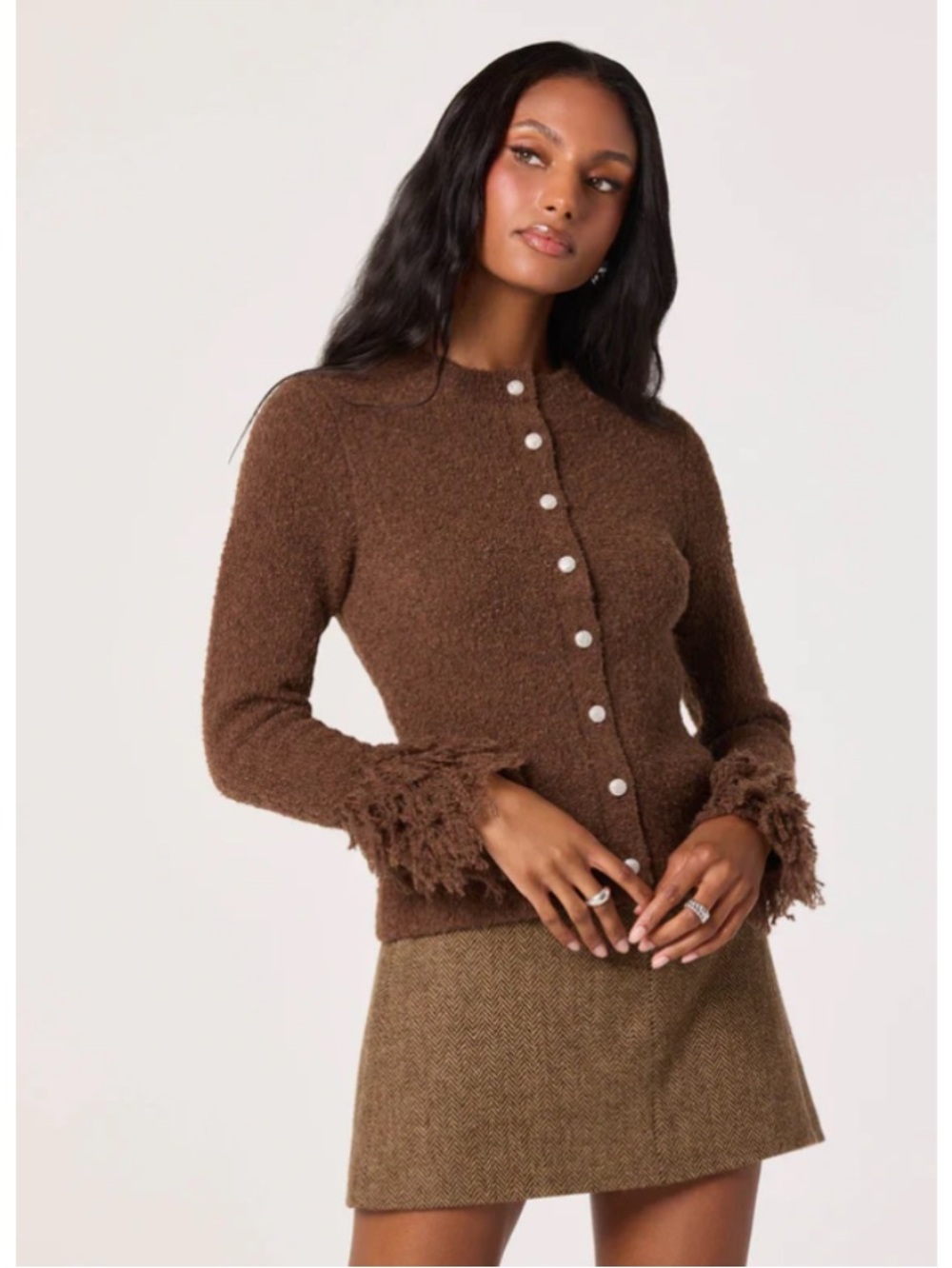 ASTR Brown Fringe-Cuff Button Cardigan Size L - Picture 2 of 16